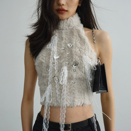 Soft And Adorable Fur Lace Tassel Light Diamond Vest