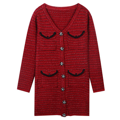 Long Sleeve V-Neck Gold Stripe Slim Mid-Length Red Knit Dress