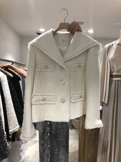 Fashionable Temperament Big Lapel Raw Edge Buttoned Short Jacket Female Trend