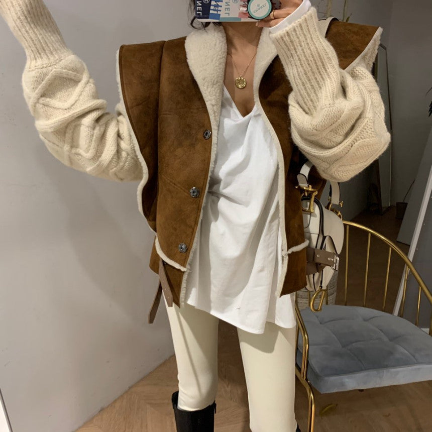 Lamb Fur And Fur One Piece Stitching Heavy Industrial Temperament Vest  Jacket