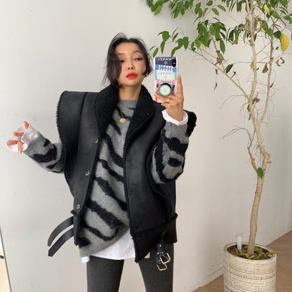 Lamb Fur And Fur One Piece Stitching Heavy Industrial Temperament Vest  Jacket