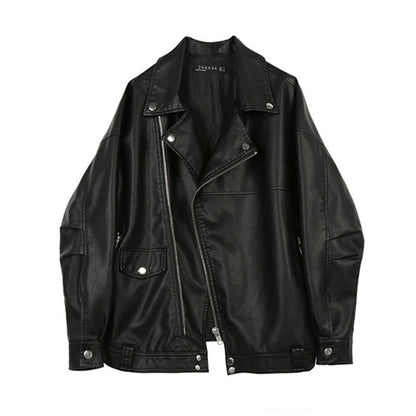 Loose Version Bf Style Profile Lapel Pu Leather Jacket