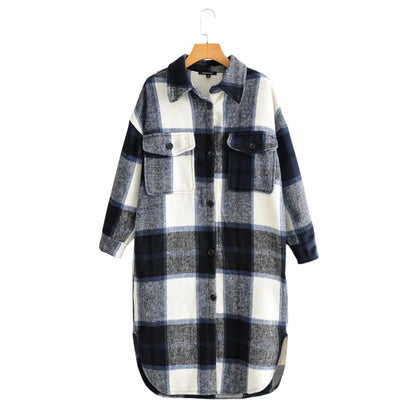 Contrasting Plaid Casual Fashion Simple Long Woolen Coat