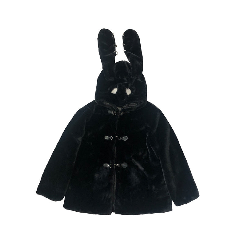 Virtual Track Original  Shelter Series Niche Punk Style Dark Black Thick Plush Rabbit Ears Hooded Coat Cotton Jacket