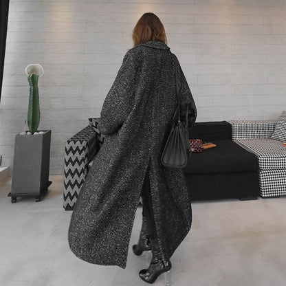 Women's Woolen Coat Long Herringbone Pattern Loose