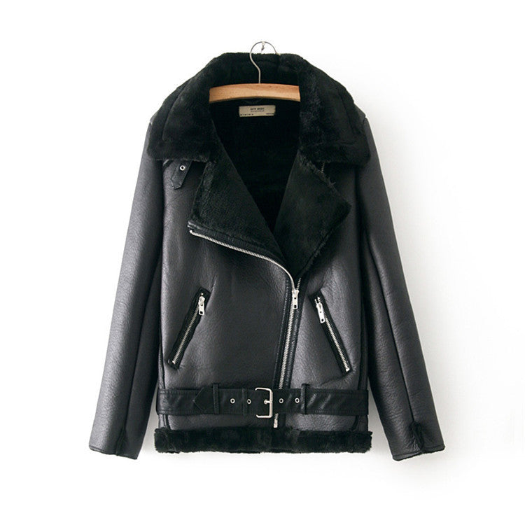 Casual Simple Oblique Zipper PU Plus Velvet Jacket