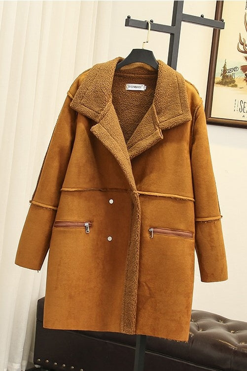 Women's Winter Wear Lapel Padded Warm Lamb Wool Coat Mid-Length Suede Coat Coat