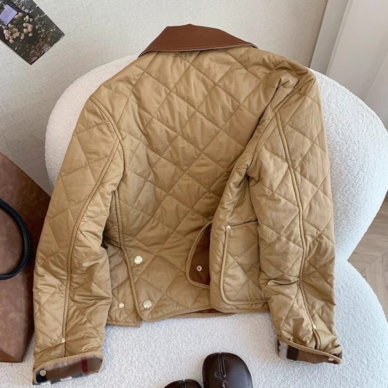 Retro Plaid Stitching Leather Lapel Cotton Coat Jacket Women