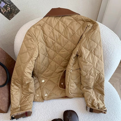 Retro Plaid Stitching Leather Lapel Cotton Coat Jacket Women