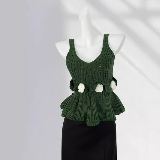 Retro French Handmade Crochet Three-dimensional Flower Top
