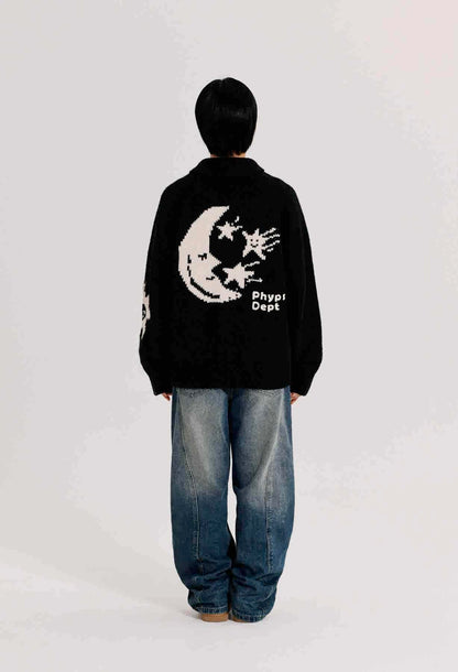 Star Moon Jacquard Lapel Zipper Knitted Cardigan Sweater