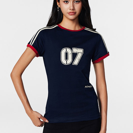 Retro Women's Contrast Color Striped Stitching Short Sleeve