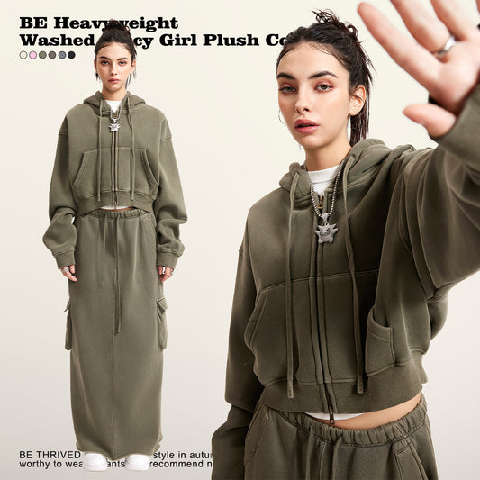Retro Washed Hot Girl Zipper Coat Fleece-lined Distressed Short Cardigan Top