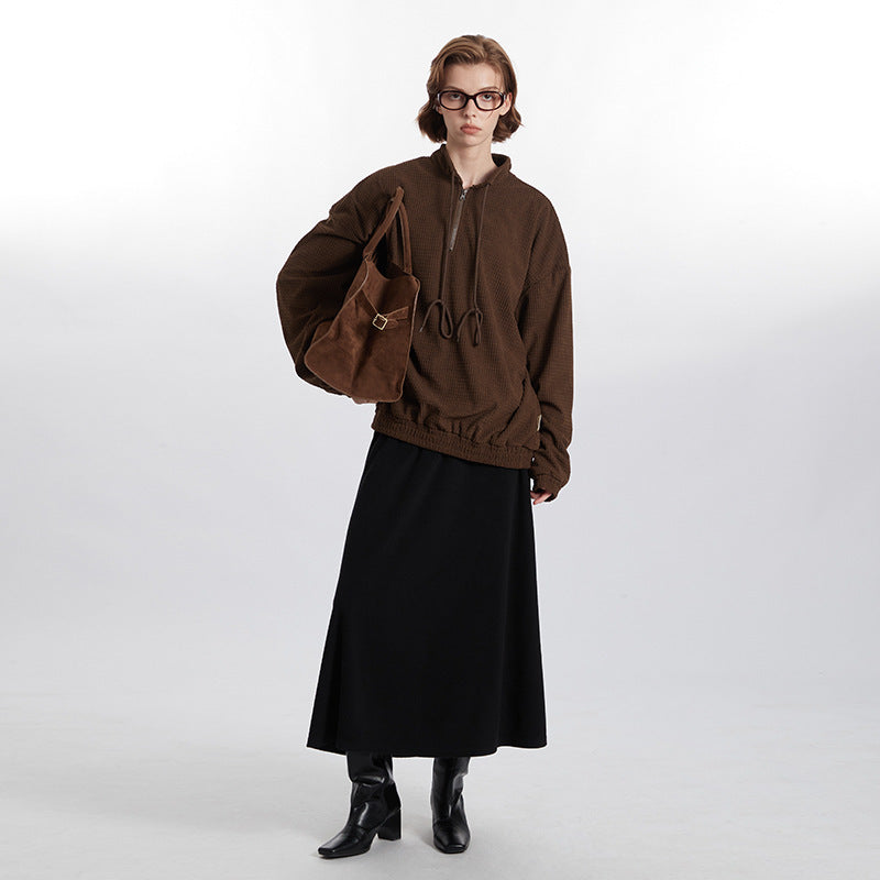 Stand Collar Zipper Drawstring Design Loose Couple Retro Autumn Winter Sweater