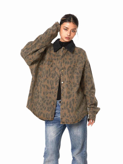 Retro Washed Leopard-print Shirt Women's Loose Distressed Coat