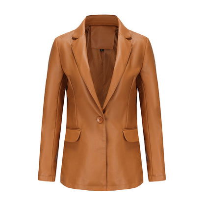 Single Button Commute Leisure Solid Color Leather Coat