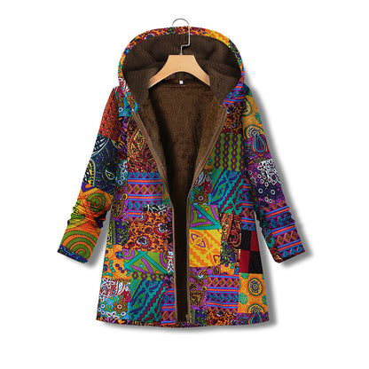 Printed cotton linen Hooded Coat zipper