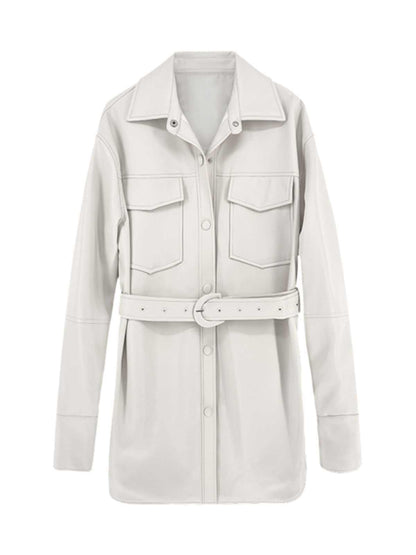 Retro White Shirt Leather Coat Women's Mid-length Cinched Blouse