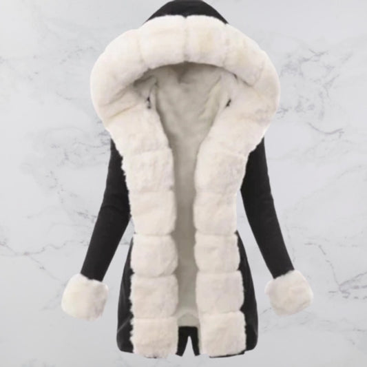 Women's warm coat with hood and woolen collar