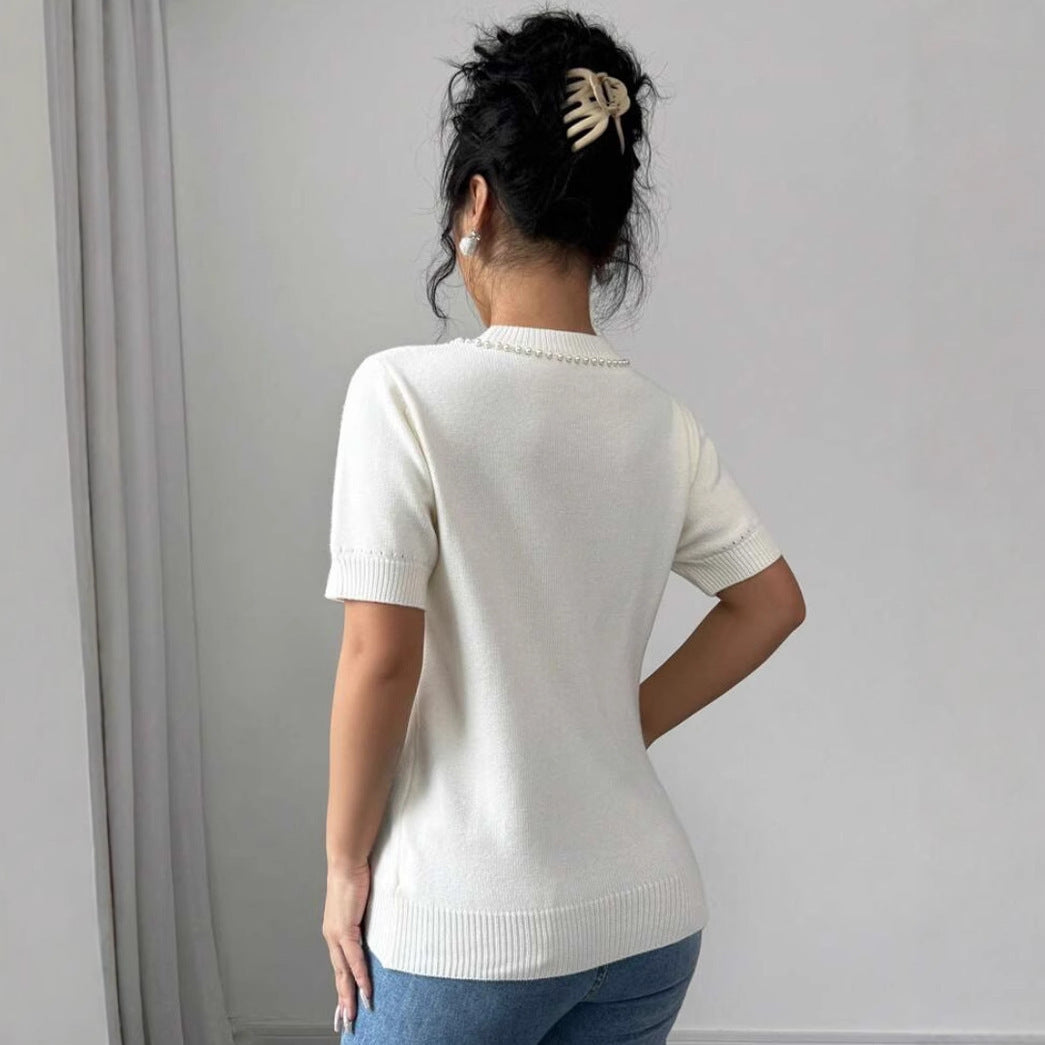 Short Sleeve Bow Rhinestone Slim Top