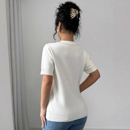 Short Sleeve Bow Rhinestone Slim Top