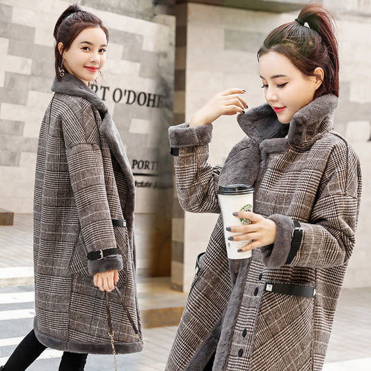 Plaid thickened mid-length faux lamb woolen coat