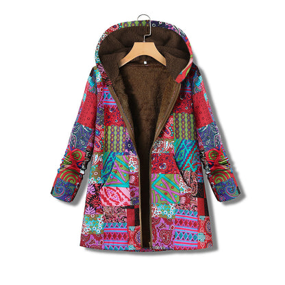 Printed cotton linen Hooded Coat zipper