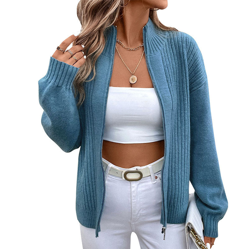 Stand Collar Solid Color Cardigan Women's Sweater Coat