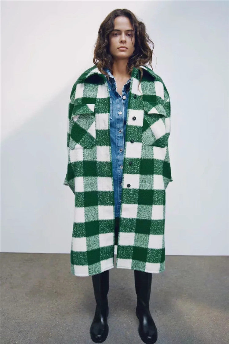 Classic contrast plaid woolen coat