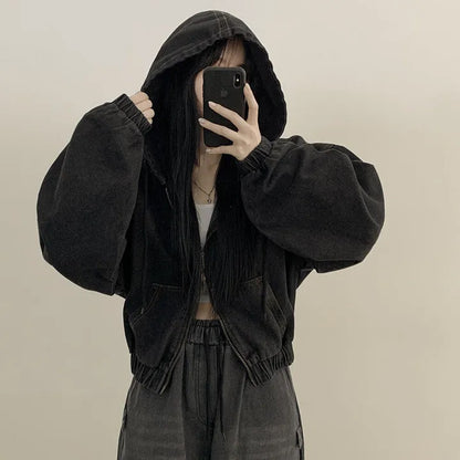 Retro Elegant Zipper All-matching Loose Casual Long Sleeve Hooded Short Denim Coat For Women