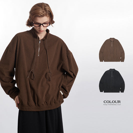 Stand Collar Zipper Drawstring Design Loose Couple Retro Autumn Winter Sweater