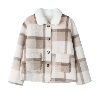 Plaid Fur Integrated Woolen Mink Velvet Coat