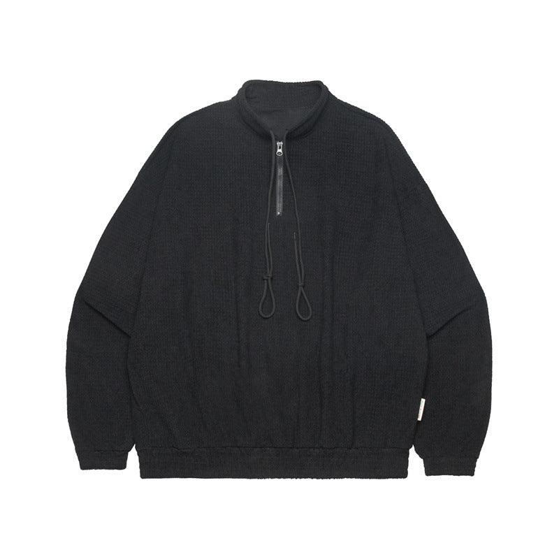 Stand Collar Zipper Drawstring Design Loose Couple Retro Autumn Winter Sweater