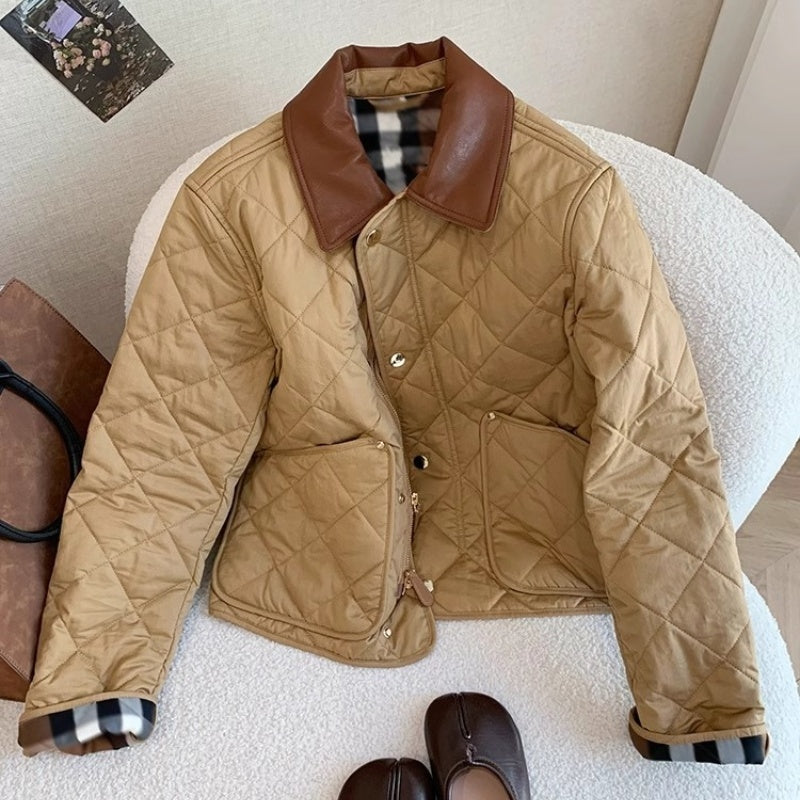 Retro Plaid Stitching Leather Lapel Cotton Coat Jacket Women