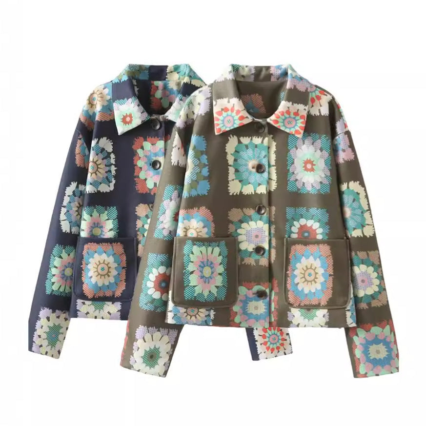 Fashion Casual Retro Printed Design Short Lapel Pocket Jacket