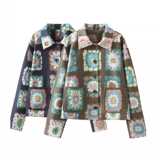 Fashion Casual Retro Printed Design Short Lapel Pocket Jacket