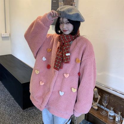Temperament All-match Plush Thickened V-neck Top Lamb Wool Coat Women