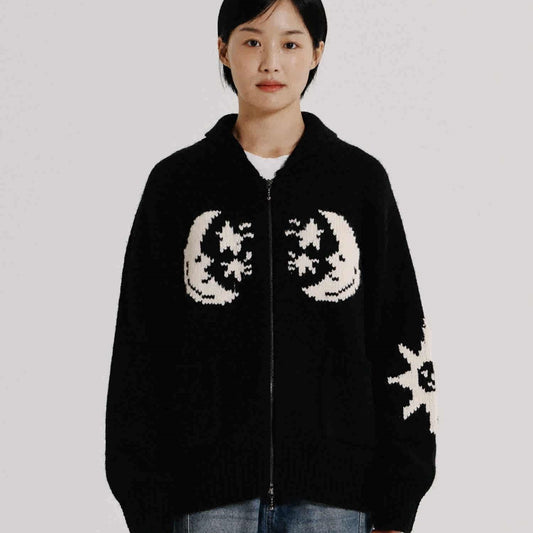 Star Moon Jacquard Lapel Zipper Knitted Cardigan Sweater