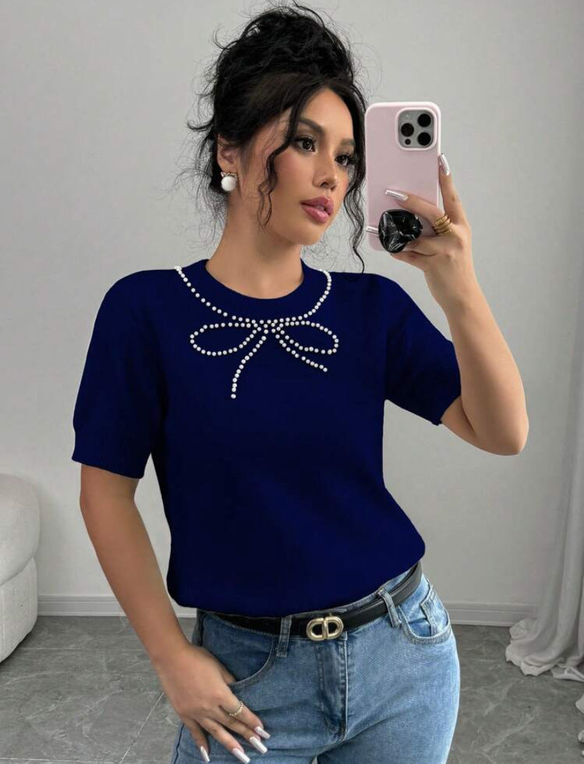 Short Sleeve Bow Rhinestone Slim Top