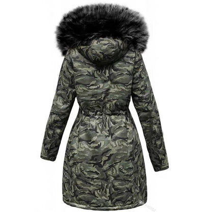 Plush Thick Coat Loose Big Fur Collar Mid-length Camouflage Cotton