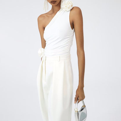 Sleeveless Sloping Shoulder Backless Top Women's Three-dimensional Flower Sexy Slimming High-grade Vest