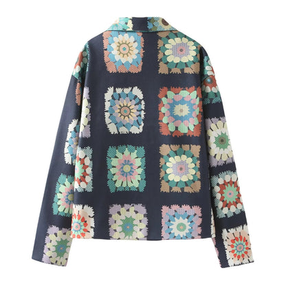 Fashion Casual Retro Printed Design Short Lapel Pocket Jacket