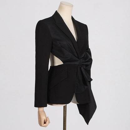 Fashion Sexy V-neck Midriff Outfit Bow Stitching Design Lace-up Waist Tight Suit Jacket