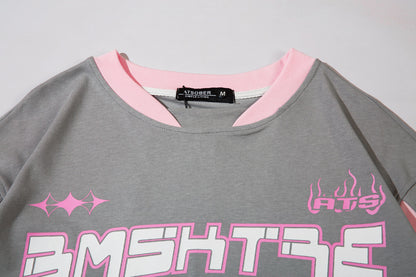 Retro Contrast Color Short-sleeved T-shirt For Women