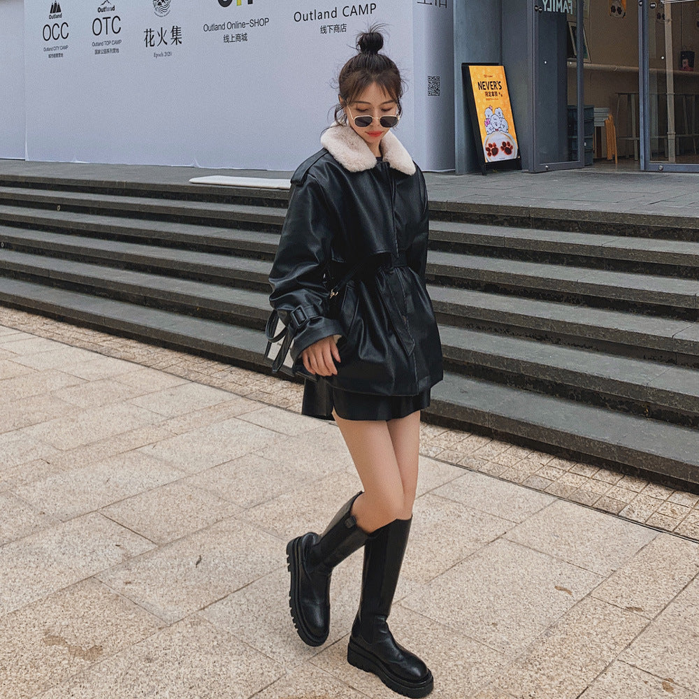 Loose Plus Velvet Thickening Small Locomotive PU Cotton Jacket Women