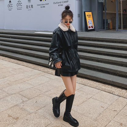 Loose Plus Velvet Thickening Small Locomotive PU Cotton Jacket Women