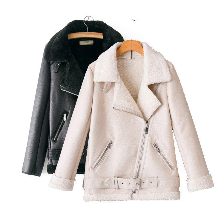 Casual Simple Oblique Zipper PU Plus Velvet Jacket