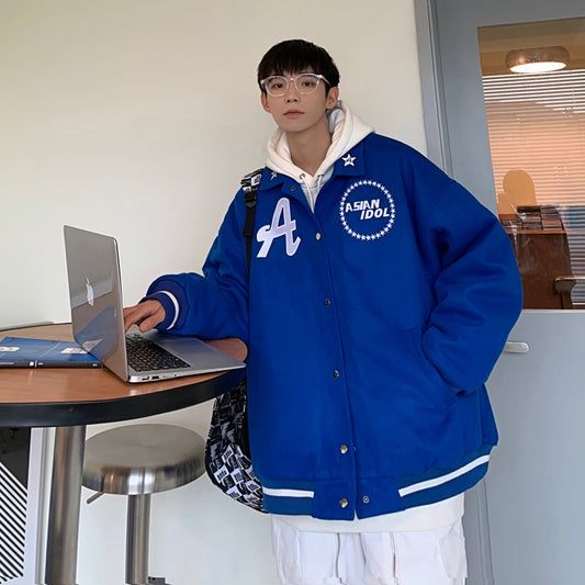 Klein Blue Baseball Uniform American Retro Design Small Lapel Embroidered Jacket