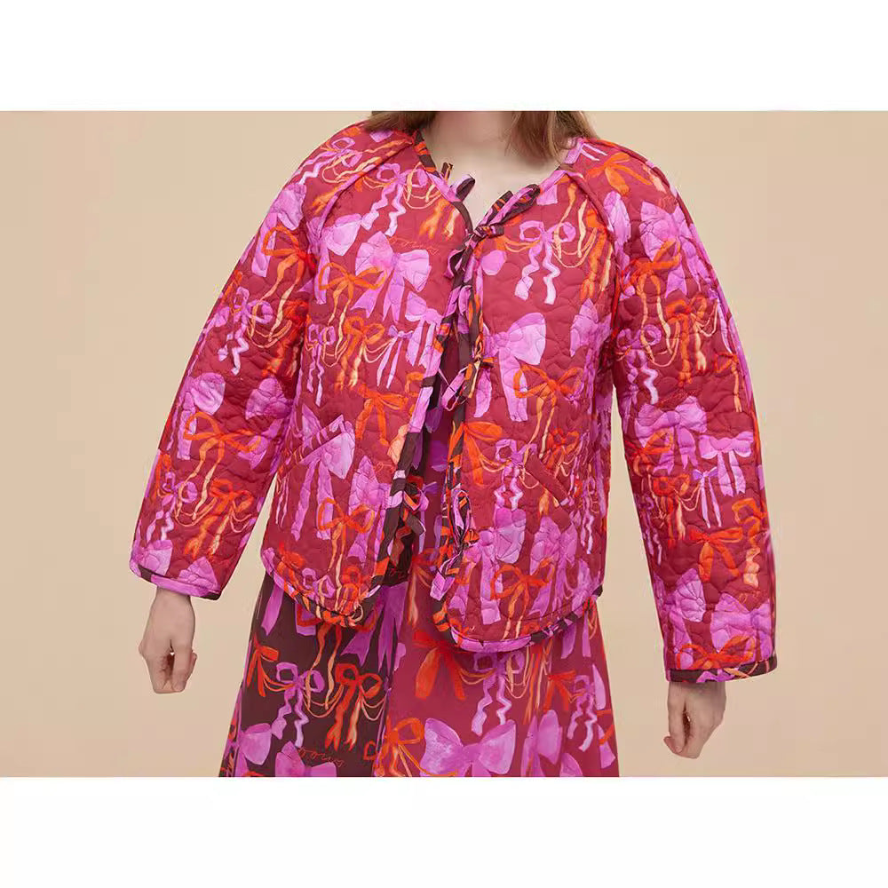 Round Neck Bowknot Printed Double-sided Lace-up Jacket