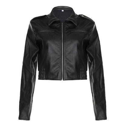 Solid Color Zipper Small Loose Lapels Fashion American Leather Coat Women's